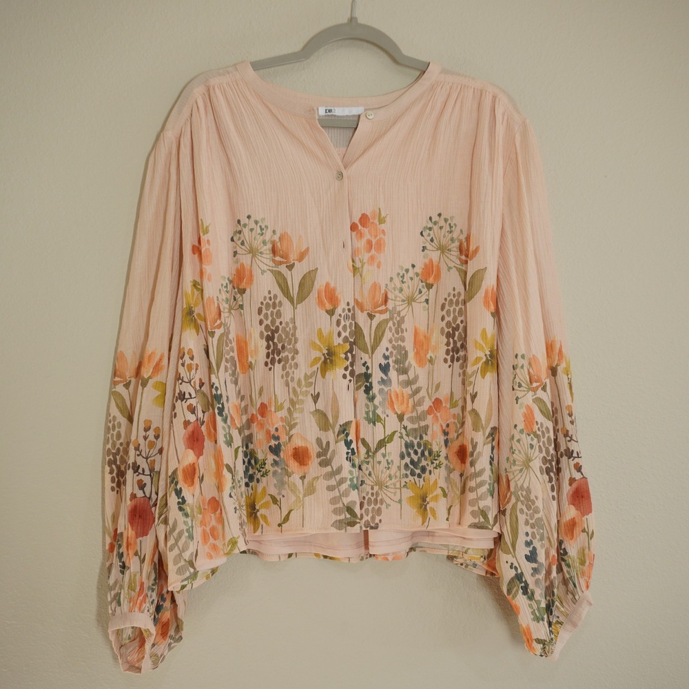 DR2 Daniel Rainn XXL Floral Button Front Blouse Pink Wildflower Balloon Sleeve